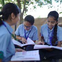 School Students Group Studying and Reading Books Outdoors in Campus Area