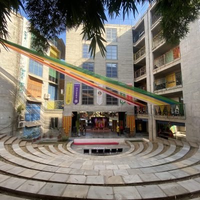 Outdoor Amphitheater and Courtyard Setup for School Event Celebration